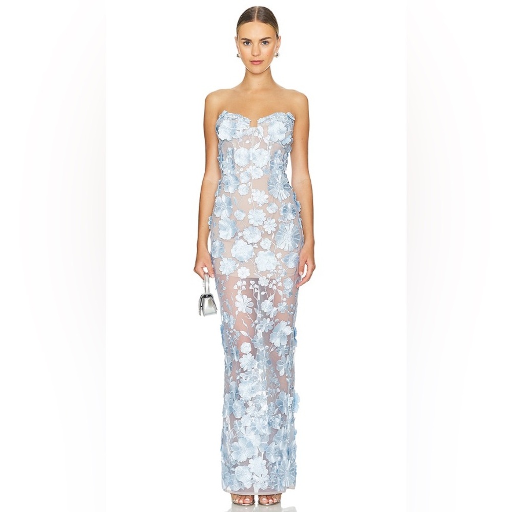 Bronx and Banco Powder Blue Strapless Appliqué Maxi Dress